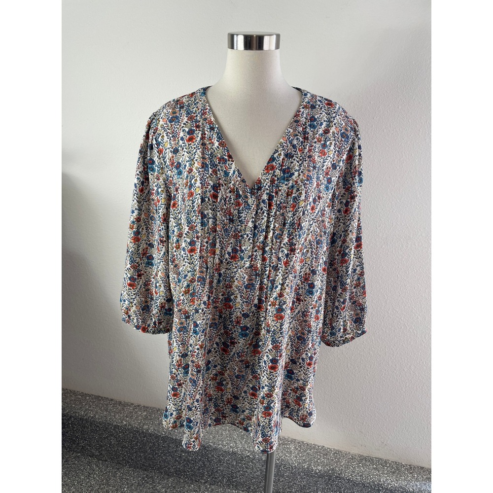Rose + Olive Womens 2X Floral Blouse Blue Orange Multi Color 3/4 Sleeve Top